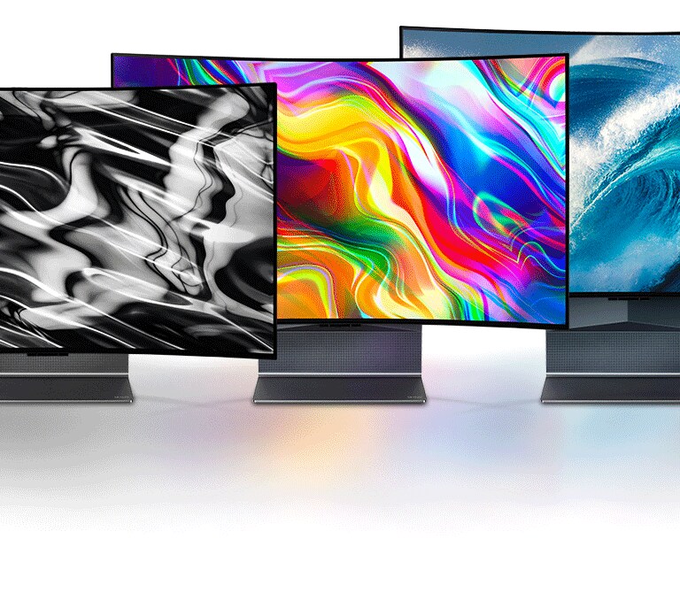 Three LG OLED Flex televisions shown standing side by side displaying a black abstract image, colorful abstract image and a blue wave image on their screens.