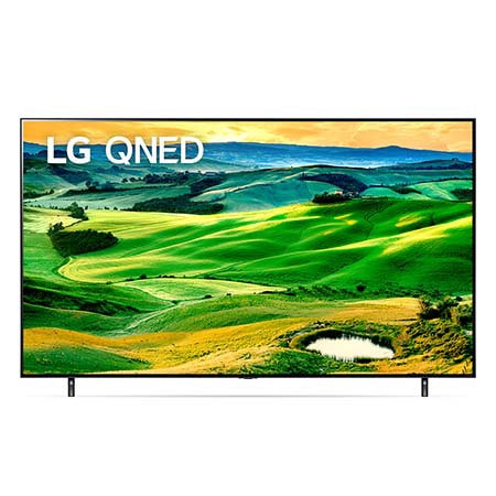 A front view of the LG QNED TV with infill image and product logo on