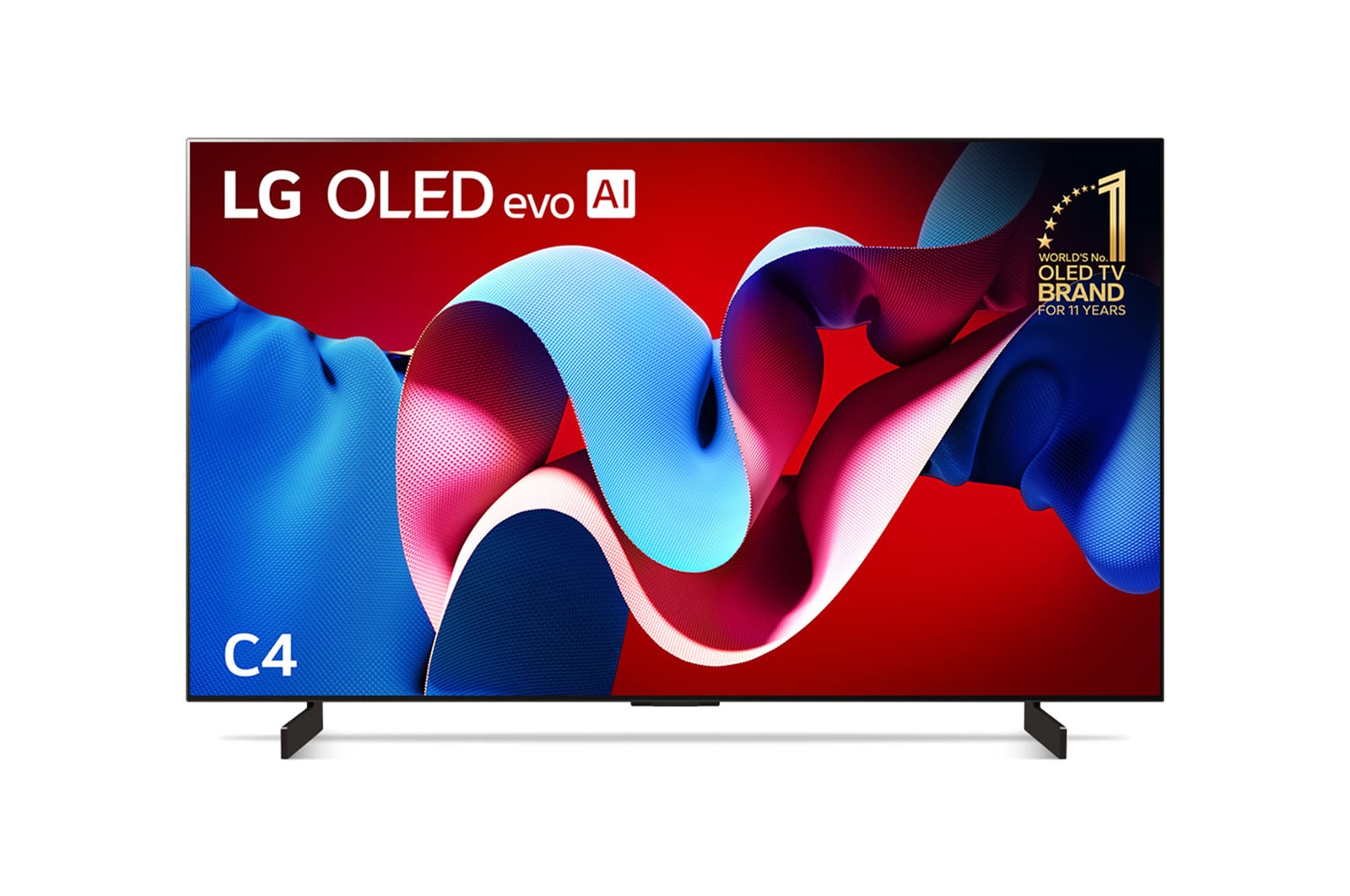 Front view with LG OLED evo C4 TV OLED42C4PSA, 11 Years of world number 1 OLED Emblem on screen.
