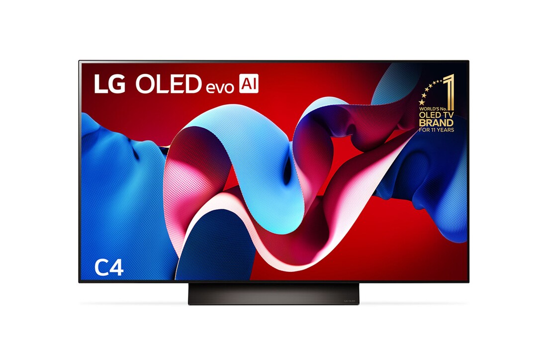 Front view with LG OLED evo C4 TV OLED48C4PSA, 11 Years of world number 1 OLED Emblem on screen.