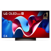 Front view with LG OLED evo C4 TV OLED48C4PSA, 11 Years of world number 1 OLED Emblem on screen.