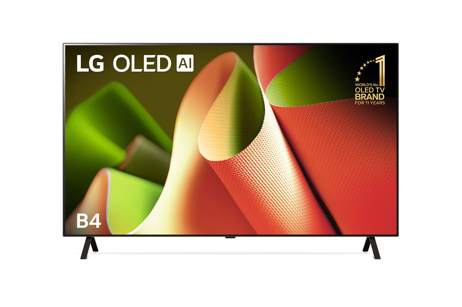 Front view with LG OLED B4 TV OLED55BPSA, 11 Years of world number 1 OLED Emblem.