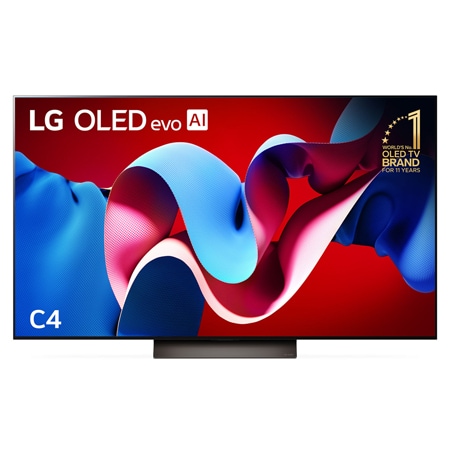 Front view with LG OLED evo C4 TV OLED55C4PSA, 11 Years of world number 1 OLED Emblem on screen.