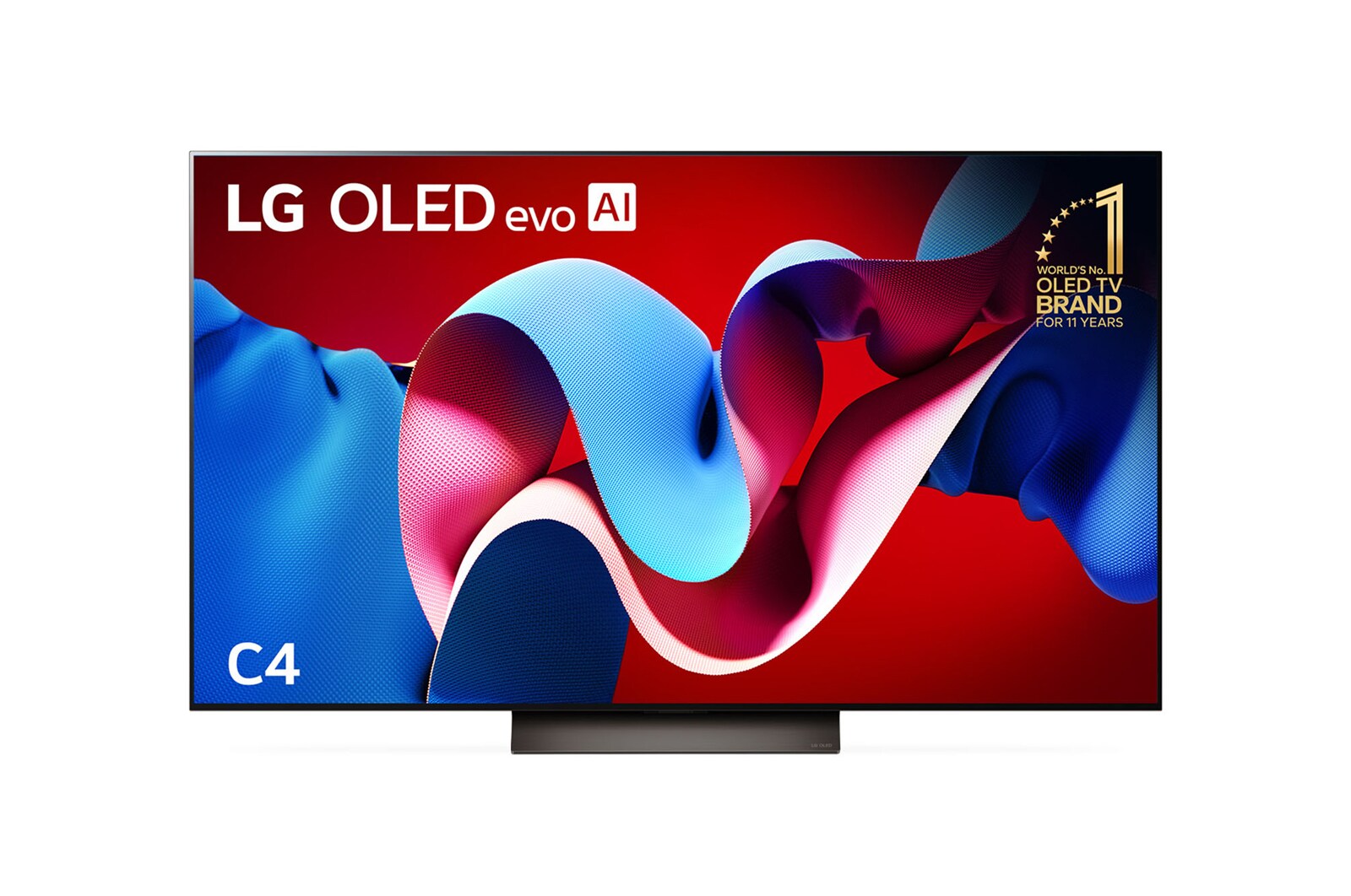 Front view with LG OLED evo C4 TV OLED55C4PSA, 11 Years of world number 1 OLED Emblem on screen.