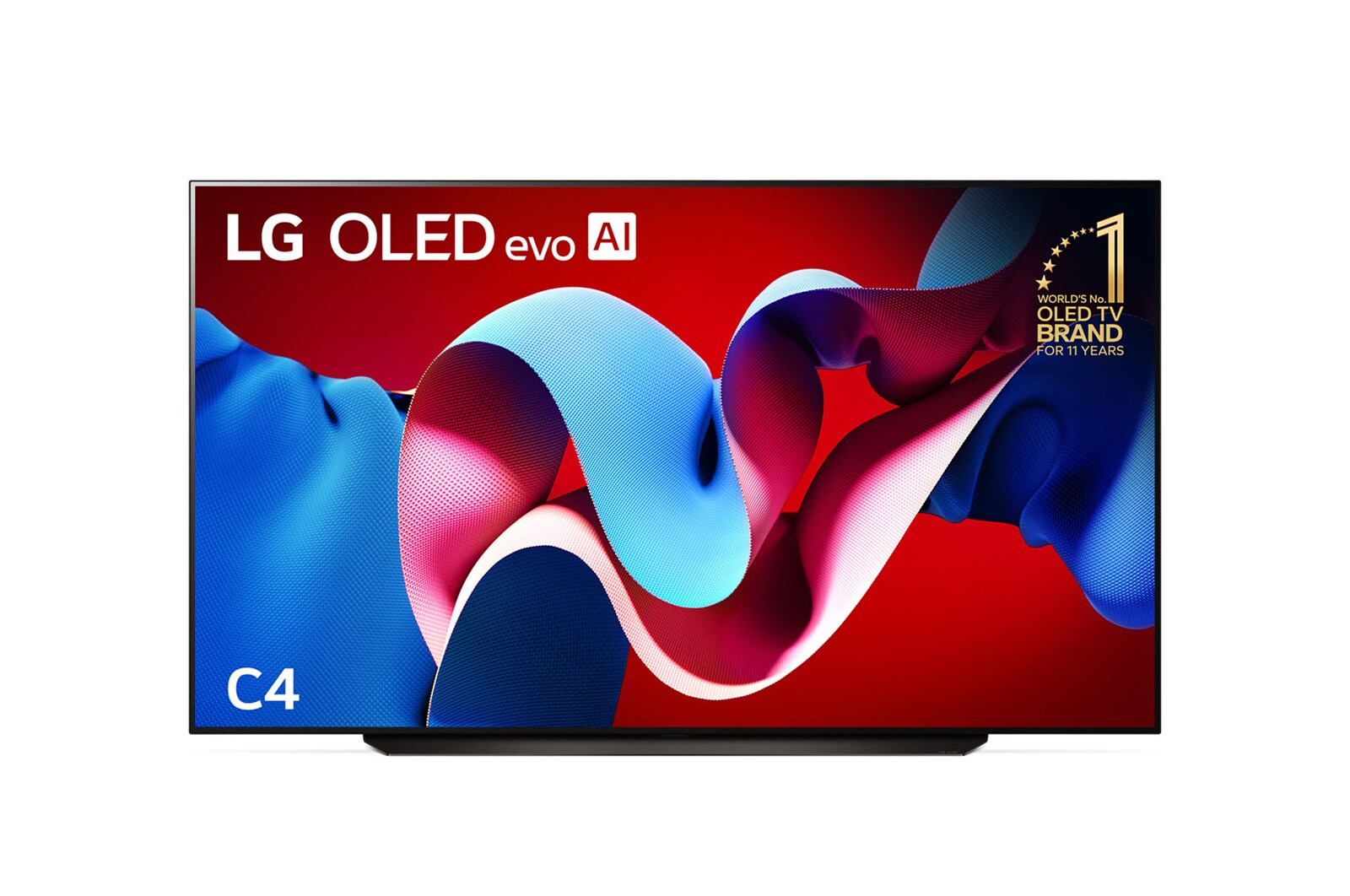 Front view with LG OLED evo C4 TV OLED83C4PSA, 11 Years of world number 1 OLED Emblem on screen.
