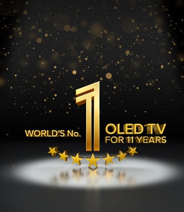 An image of the gold World's No.1 OLED TV for 11 Years emblem against a black backdrop. A spotlight shines on the emblem, and gold abstract stars fill the sky above it.