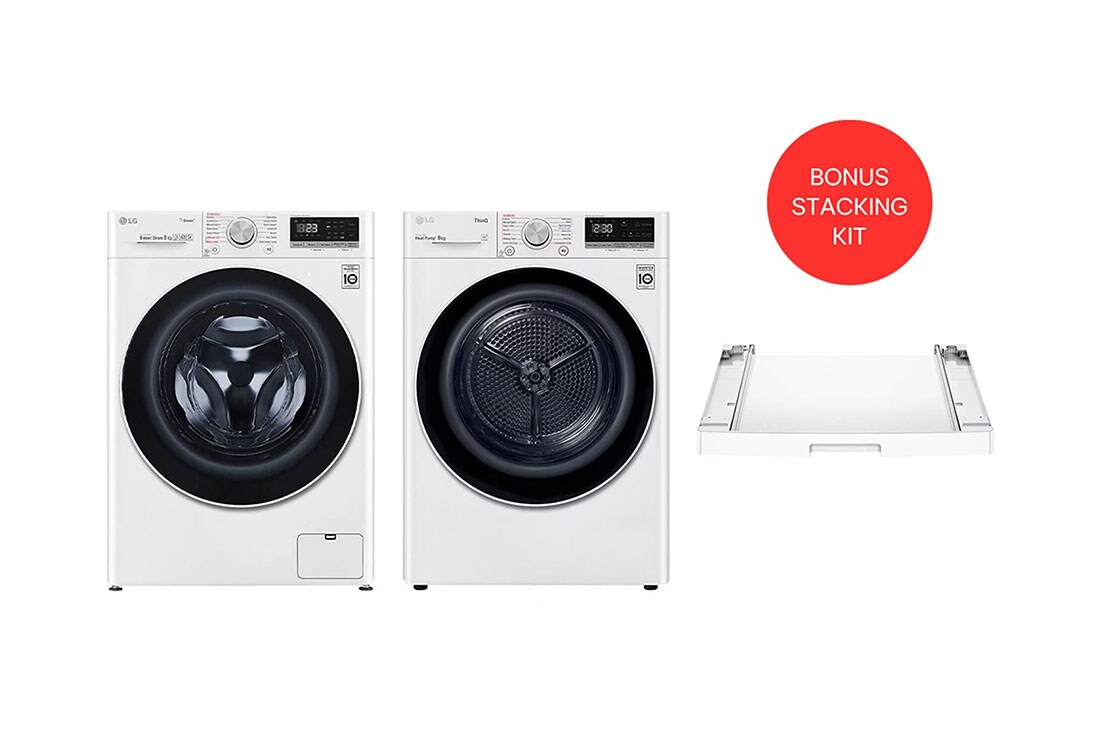 LG 8kg Series 5 Front Load Washing Machine + 8kg Heat Pump Dryer  Stacking Kit Bundle, WV5-1408SW