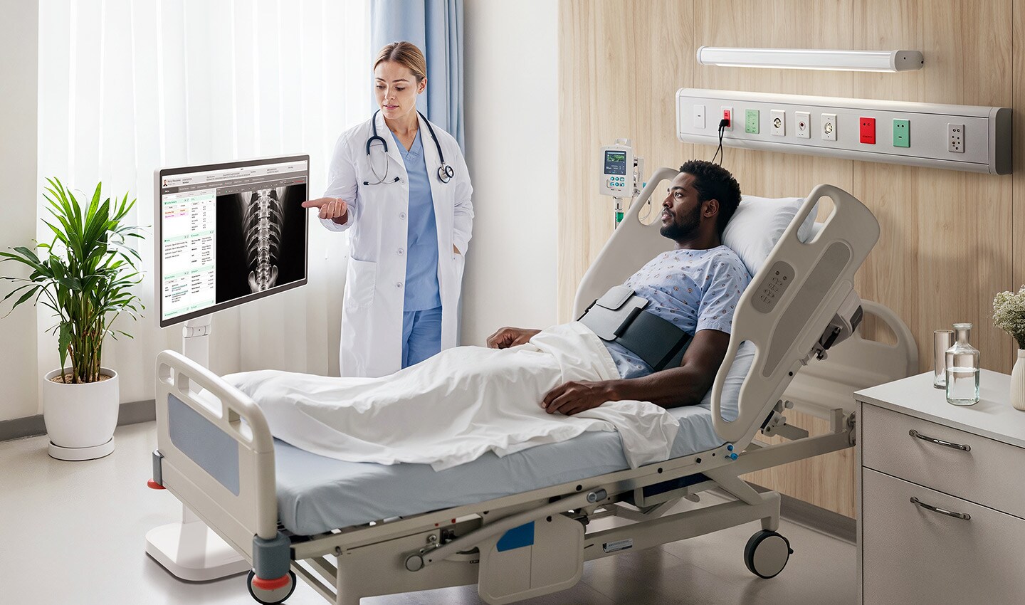 A patient is lying in a hospital bed, with two medical professionals standing beside them. A LG Smart Monitor Swing is next to the doctor.