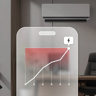 Smartphone interface showing energy consumption graph in front of LG air conditioner, highlighting AI kW Manager for efficient power monitoring