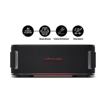 LG XBOOM speaker with AI sound modes including Bass Boost, Voice Enhance, and Standard