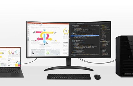 Ultrawide monitor with splitscreen display shows two separate windows open