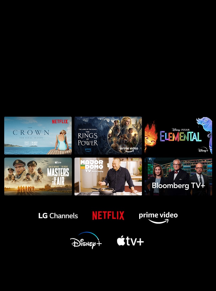 Seis miniaturas de filmes e programas de TV são exibidos com os logotipos do LG Channels, Netflix, Prime Video, Disney+ e Apple TV+ abaixo.