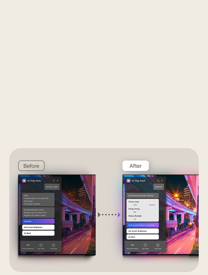 As imagens de antes e depois de uma TV LG são exibidas lado a lado. A tela Antes tem uma imagem escura com um pop-up para o AI Help Desk. O usuário escreve no chat: “A tela está escura”. A resposta diz: "Olá, parece que há um problema com a tela. Vou resolver isso rapidamente. Ao otimizar as configurações da tela, você pode assistir em uma tela mais clara e clara." O usuário clica no botão Otimizar. A tela Depois tem uma imagem mais clara e brilhante. O pop-up de bate-papo do AI Help Desk diz: "Otimizando as configurações da tela. Modo de imagem = vívido. Economia de energia = máximo. Reduzir a luz azul = ativada. A otimização da configuração está concluída."