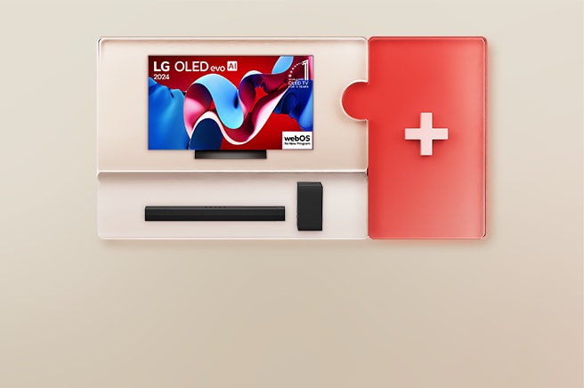 magem de uma TV OLED da LG e uma Soundbar combinadas como um quebra-cabeça com um sinal de '+'