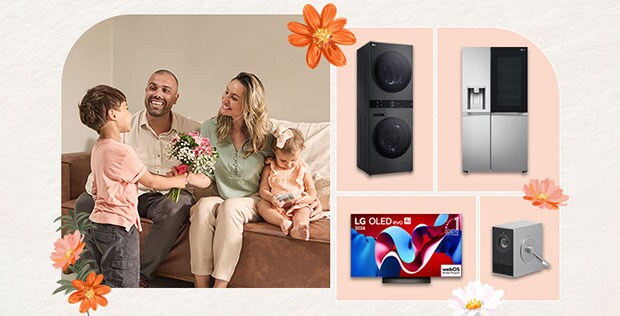 Família feliz no sofá com a LG WashTower, InstaView fridge, OLED TV e CineBeam.	