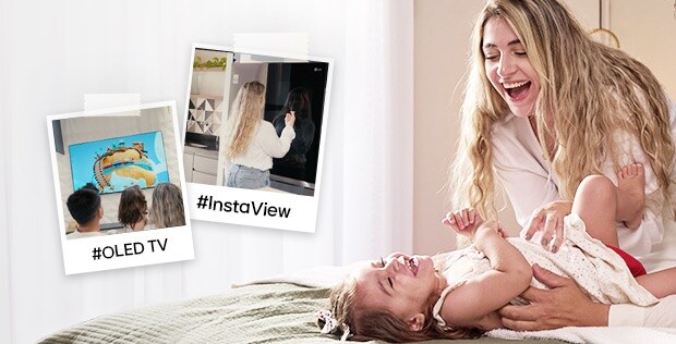 Família feliz na cama com fotos da TV OLED e geladeira InstaView da LG.