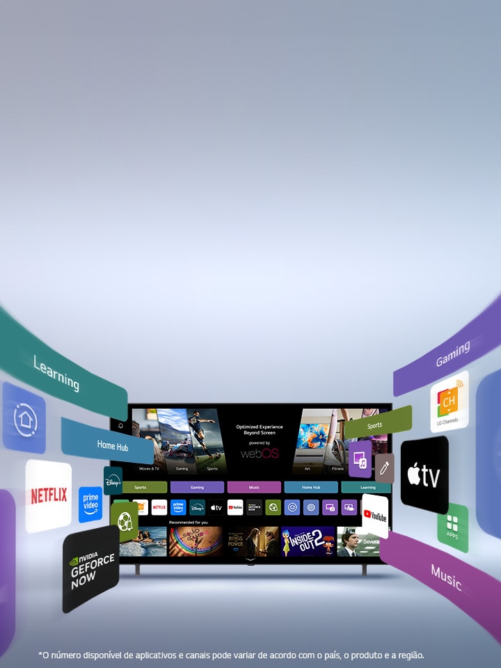 LG Smart TV exibindo a tela inicial do webOS com aplicativos de entretenimento e elementos de IU do LG Channels expandindo dinamicamente para fora, destacando aplicativos e canais globais.