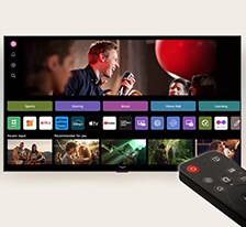 Interface LG webOS com o AI Magic Remote em primeiro plano. As miniaturas na interface do usuário mostram recomendações de conteúdo personalizado do AI Voice ID.