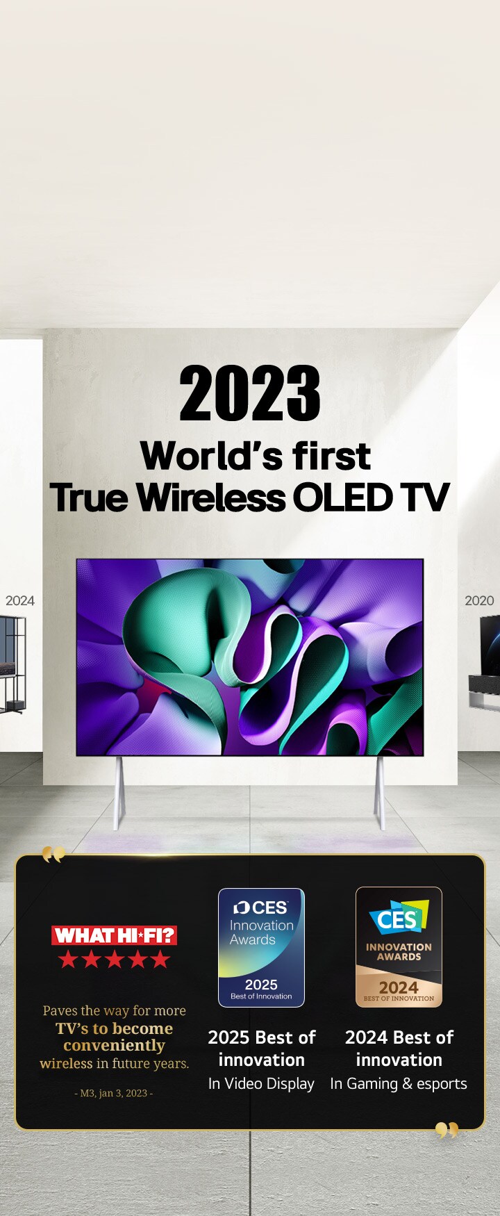 LG TV. O título diz: A primeira OLED TV True Wireless do mundo em 2023. Citações de prêmios ao lado. Segundo a What Hi-Fi, essa inovação abre caminho para que mais TVs se tornem convenientemente sem fio nos próximos anos. Melhor Inovação de 2025 em Telas de Vídeo e Melhor Inovação de 2024 em Games e eSports no CES Innovation Awards.