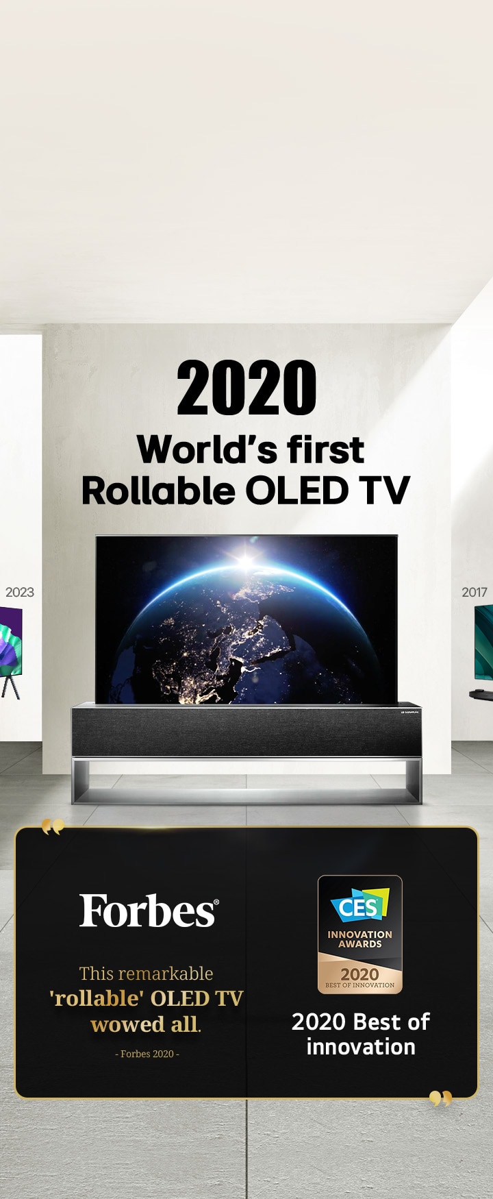 LG TV. O título diz: A primeira OLED TV enrolável do mundo em 2020. Citações de prêmios ao lado. Forbes, essa notável OLED TV enrolável impressionou a todos. Prêmio de Melhor Inovação de 2020 no CES Innovation Awards.