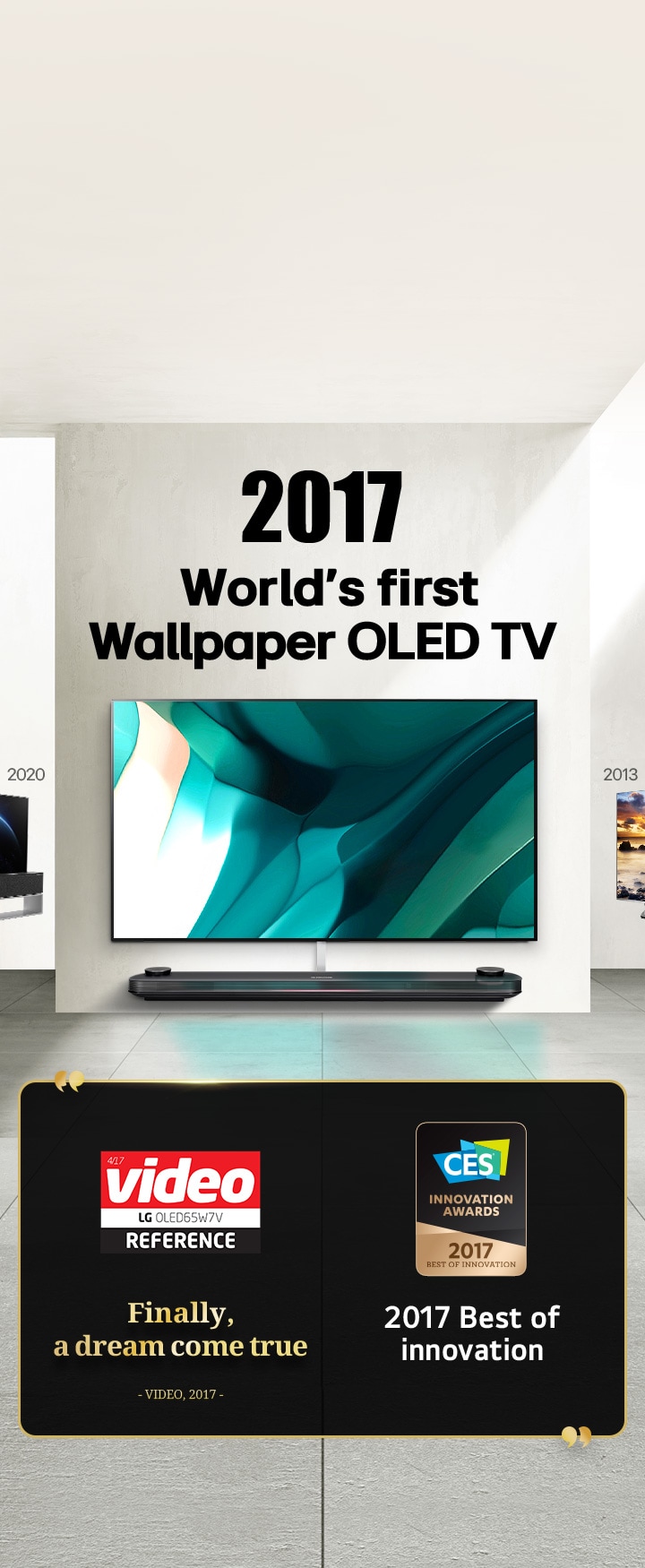 LG TV. O título diz, A primeira OLED TV tipo papel de parede do mundo em 2017. Citações de prêmios ao lado. Vídeo, finalmente um sonho realizado. Prêmio de Melhor Inovação de 2017 no CES Innovation Awards.