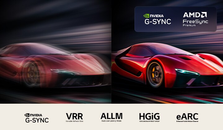 Duas imagens de um carro em um videogame, lado a lado. Uma mostra muito desfoque de movimento. A outra é nítida e em foco, mostrando a alta taxa de quadros da LG OLED TV. O logotipo Nvidia G-Sync, AMD FreeSync Premium e outras certificações relevantes estão visíveis. 