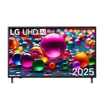 Vista frontal da UHD UA75 TV, logotipo da LG UHD Al no canto superior. A LG UHD TV mostra texturas coloridas de pinturas se fundindo.