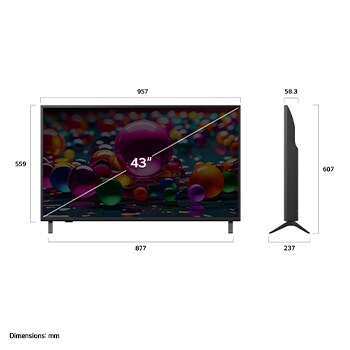 Vista frontal e lateral da Smart TV 4K LG UHD AI UA75, mostrando suas dimensões de comprimento, largura, altura e profundidade.