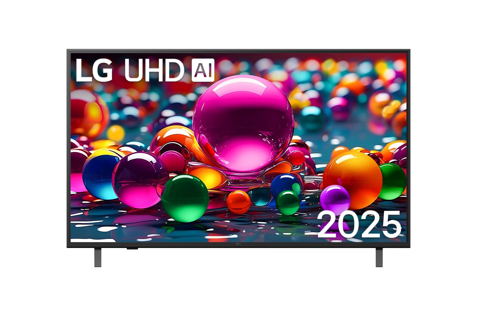 Vista frontal da UHD UA75 TV, logotipo da LG UHD Al no canto superior. A LG UHD TV mostra texturas coloridas de pinturas se fundindo.