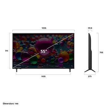Vista frontal e lateral da Smart TV 4K LG UHD AI UA75, mostrando suas dimensões de comprimento, largura, altura e profundidade.