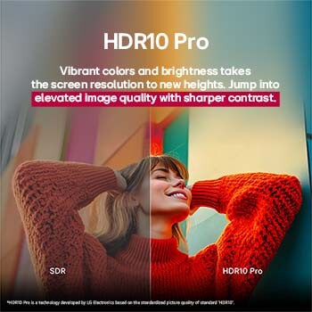Uma foto de uma garota com um suéter vermelho dividida ao meio mostrando o lado esquerdo em SDR e o lado direito em HDR10 Pro. O lado direito da imagem é mais nítido e com melhor contraste em comparação ao lado esquerdo. O título fala sobre como o HDR10 Pro oferece qualidade de imagem elevada e contraste mais definido. 