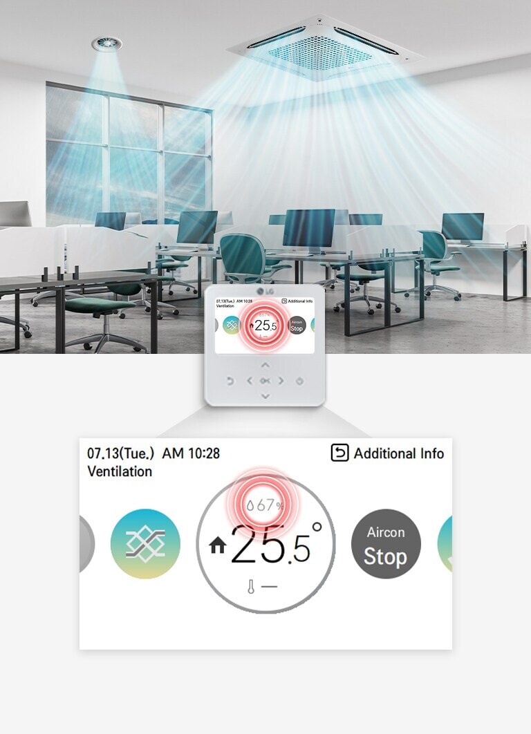 alt=&quot;Um cassete de teto LG e um duto circular sopram um fluxo de ar azul em um escritório enquanto o controlador exibe informações de umidade e temperatura.&quot;