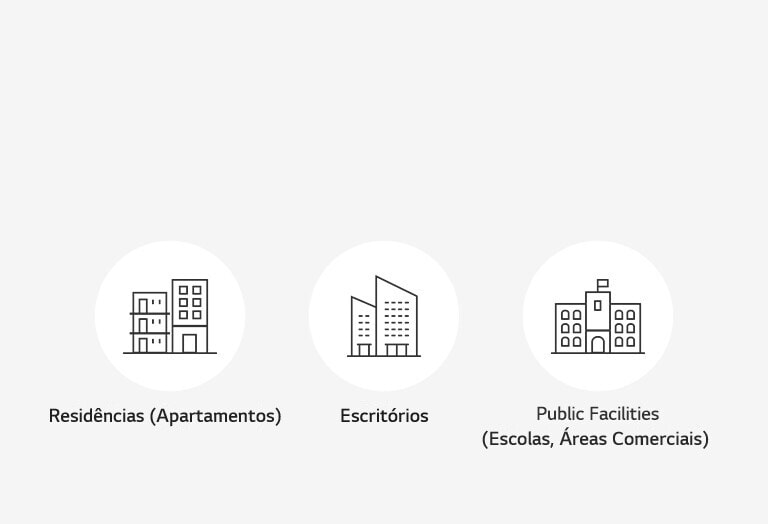 Três círculos brancos da esquerda para a direita representam os contornos de um apartamento, um prédio de escritórios e uma escola.