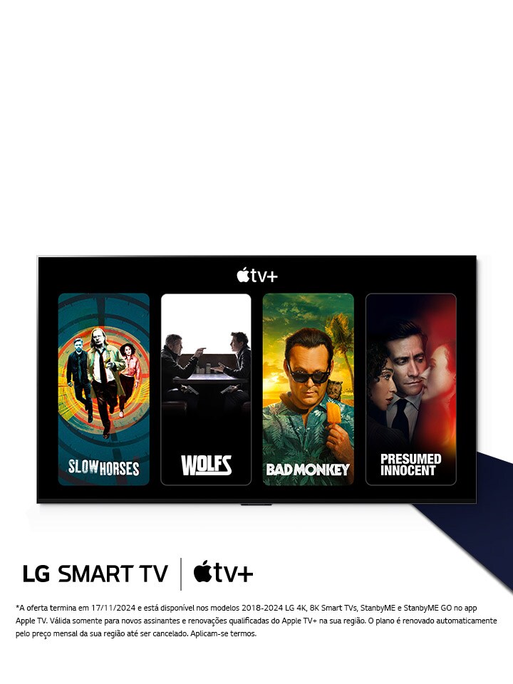 Uma imagem da LG OLED TV O conteúdo da Apple TV+ está na tela com o título “Receba três meses de Apple TV+ grátis com uma LG Smart TV”.