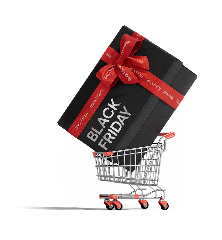 Banner da promoção Black Friday da LG com o texto 'Upgrade Your Lifestyle' e uma caixa de presente com laço vermelho em um carrinho de compras.