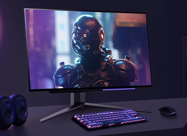 Monitor LG em uma mesa exibindo um jogo de fantasia, com alto-falantes ao lado.
