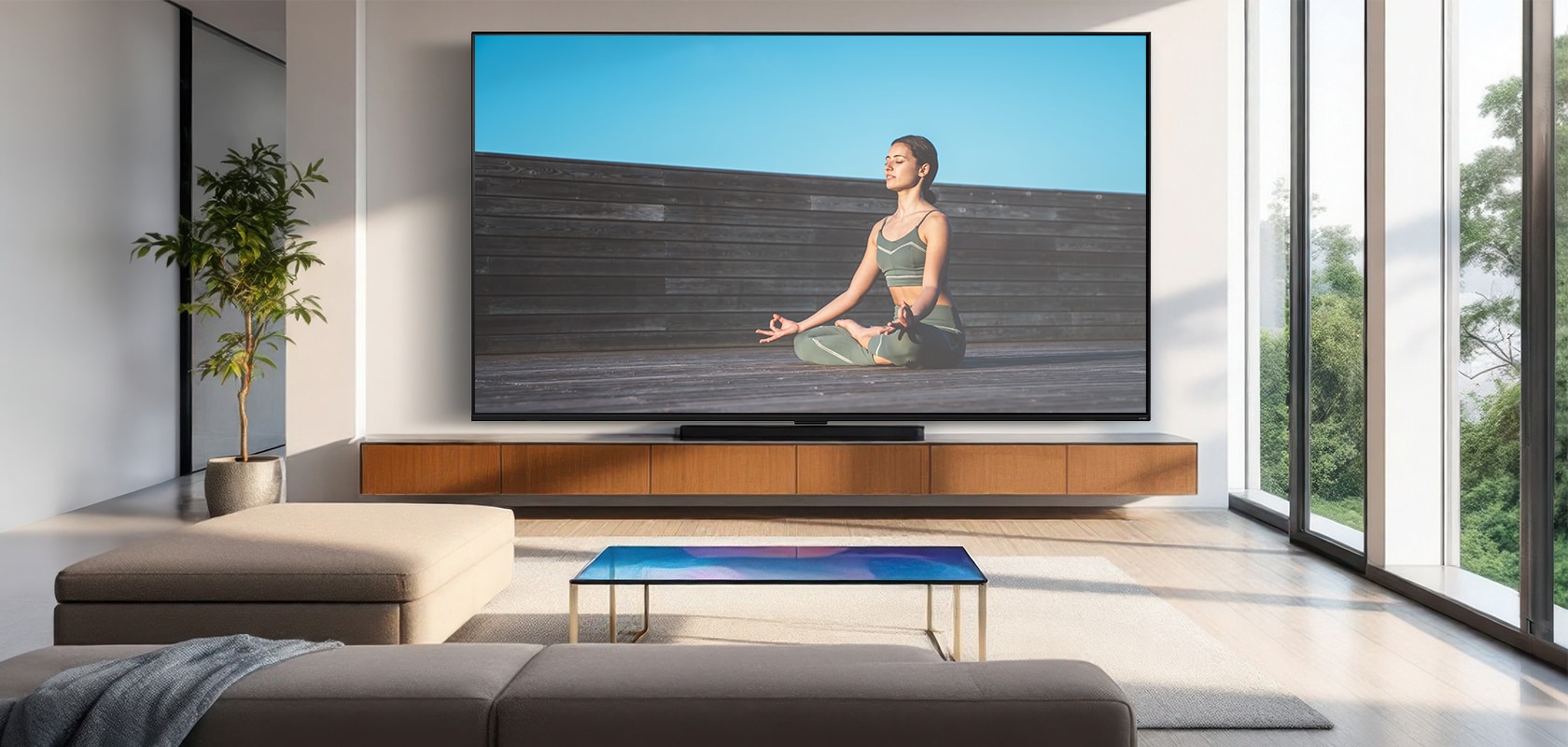 TV LG exibida em uma sala de estar moderna com uma cena de uma pessoa meditando.