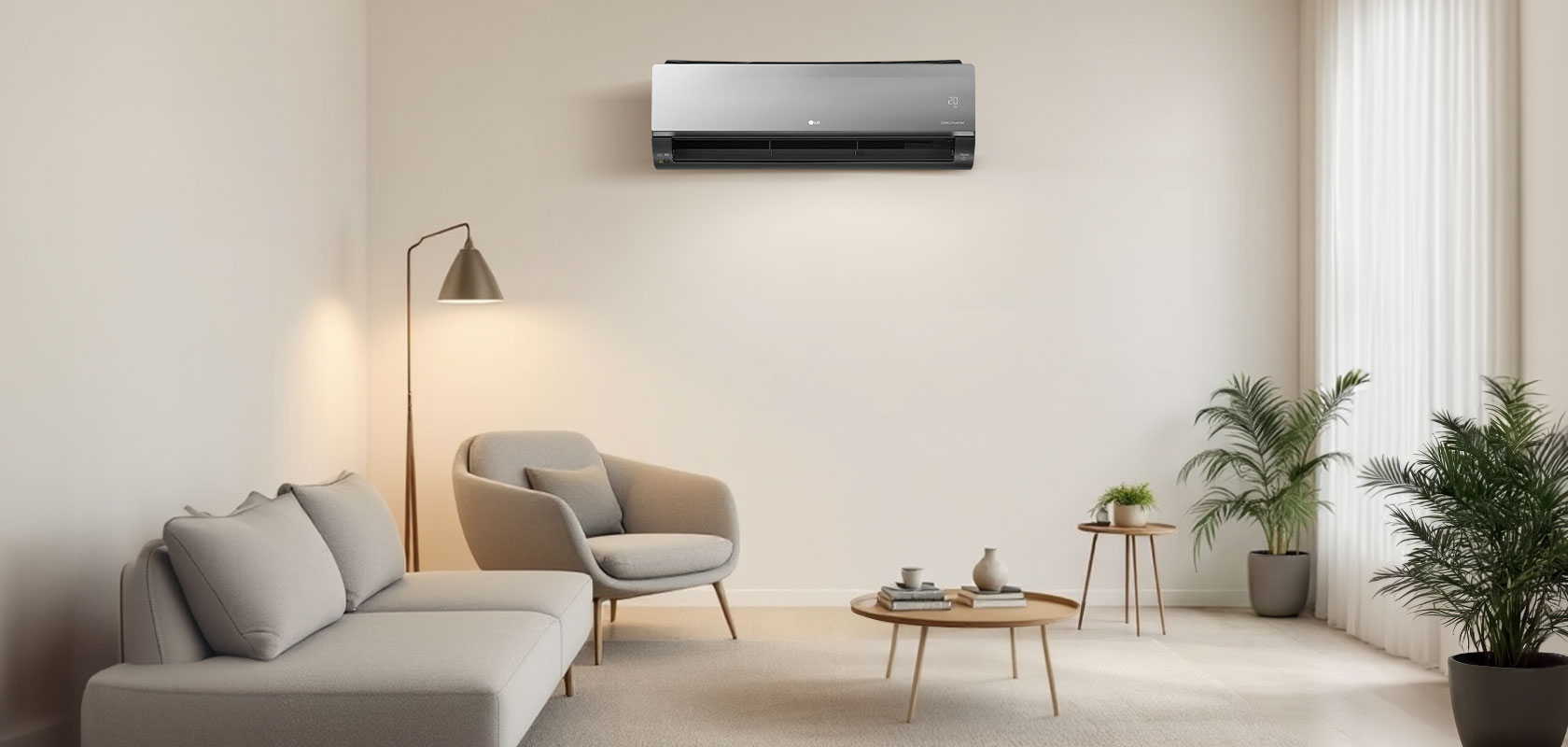 Sala de estar moderna com ar-condicionado LG e móveis minimalistas.