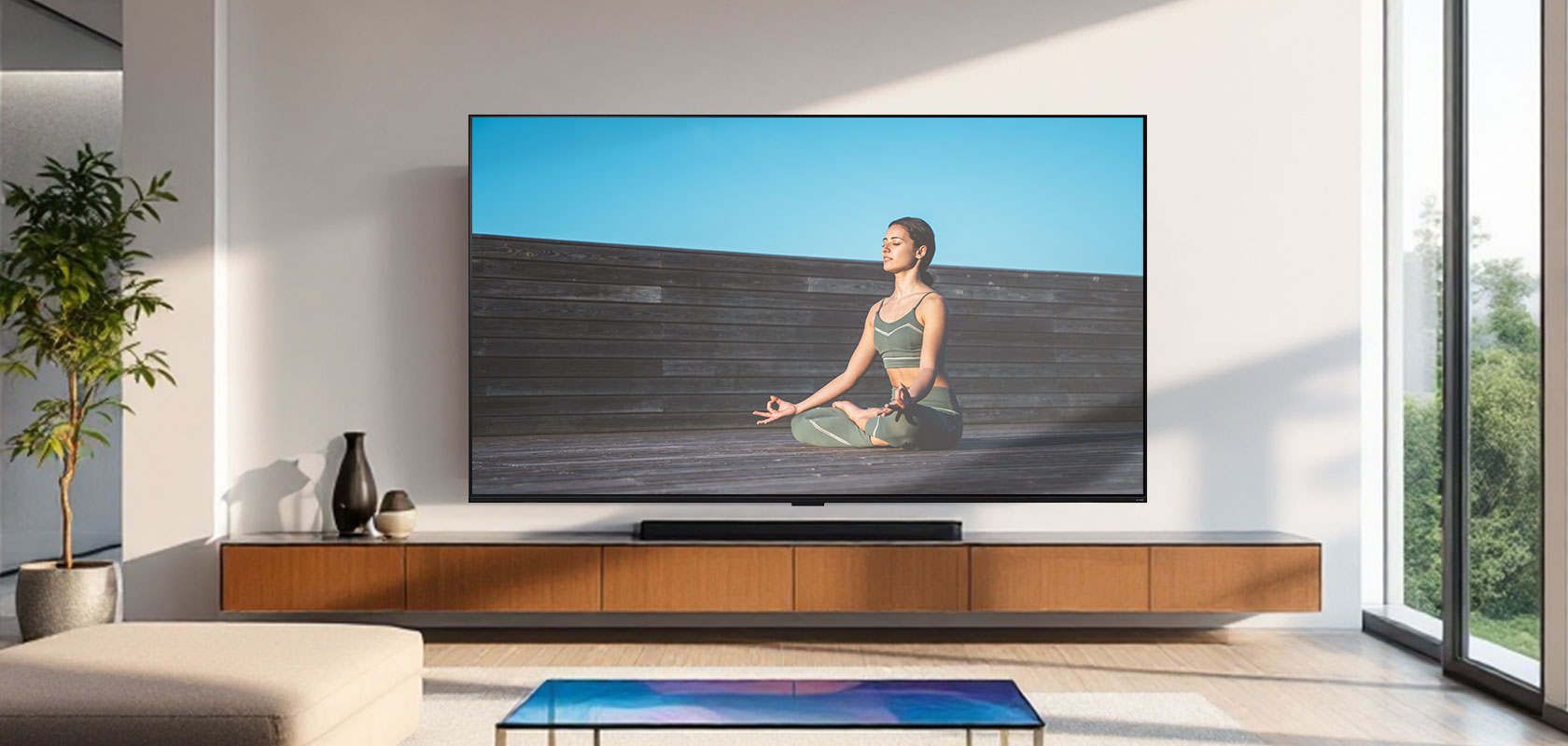 TV LG exibida em uma sala de estar moderna com uma cena de uma pessoa meditando.