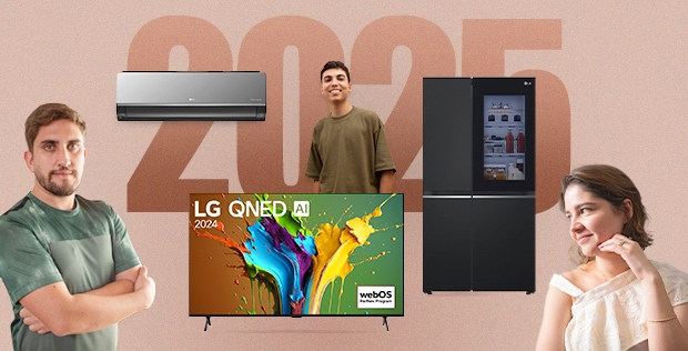 Produtos LG com refrigerador, ar-condicionado e TV, com dois homens e uma mulher sorrindo.