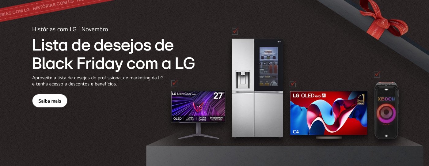 A lista de desejos do profissional de marketing da LG, incluindo o monitor LG UltraGear, a geladeira InstaView, a TV OLED LG e o alto-falante Xboom, está dentro de uma caixa de presente.