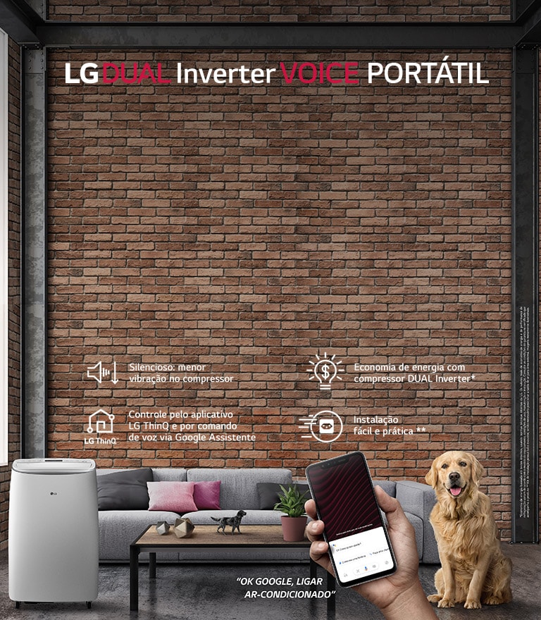 Ar-condicionado LG Dual Inverter Voice portátil em sala com sofá, mesa, cachorro e controle via smartphone.