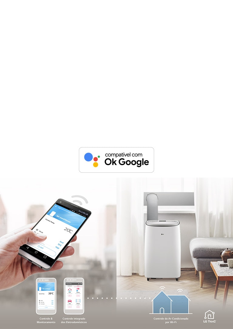 Controle do ar-condicionado LG pelo celular em uma sala de estar moderna, destacando a compatibilidade com Google Assistente.