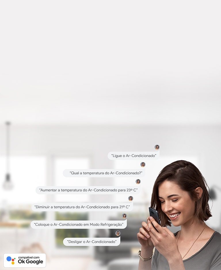 Pessoa utilizando comando de voz no smartphone para ajustar ar-condicionado em uma sala moderna e bem iluminada.