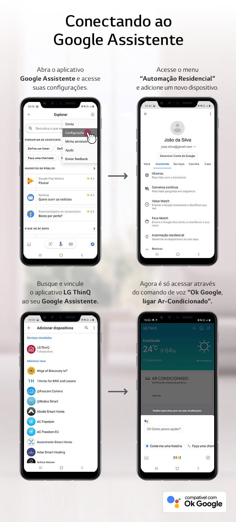 Conectar Google Assistente ao LG ThinQ: acessar configurações, adicionar dispositivo, vincular app e usar comando.