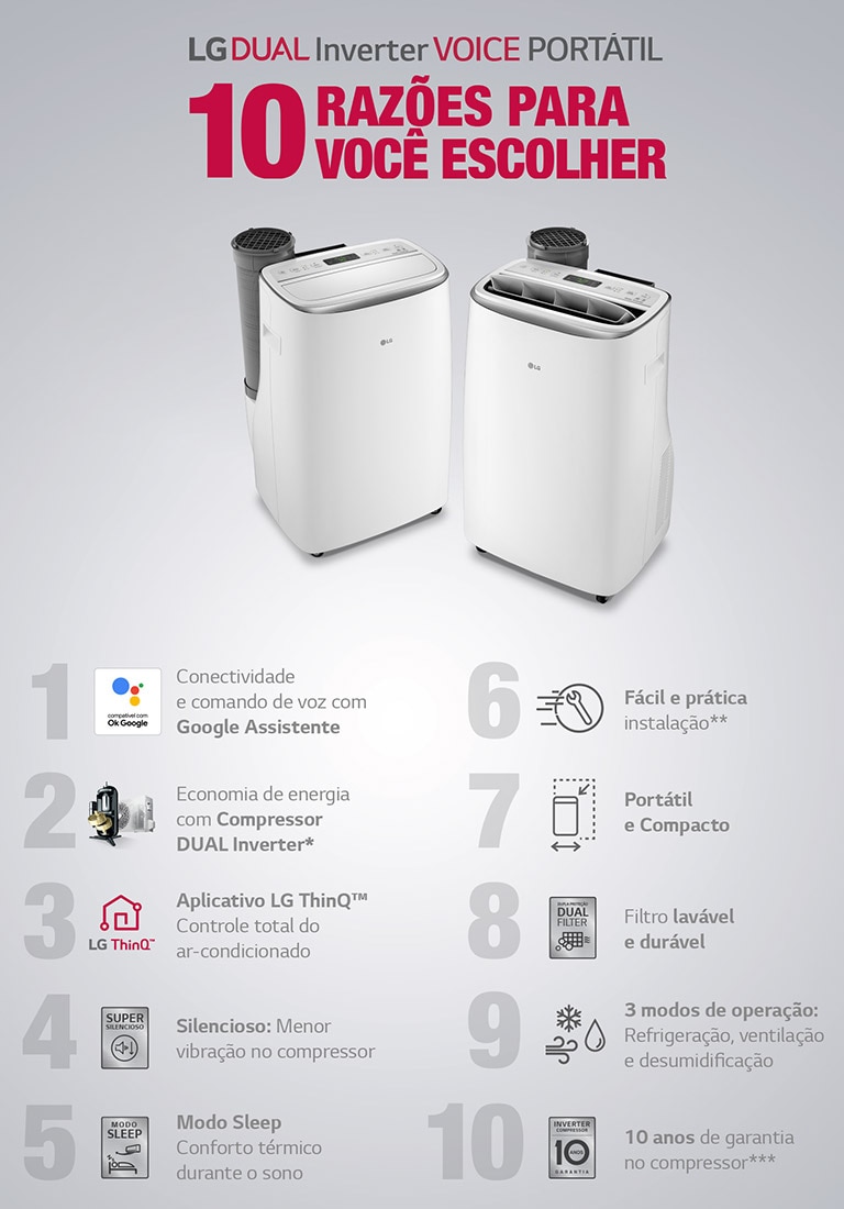 Dois aparelhos de ar-condicionado portáteis LG DUAL Inverter Voice com características listadas, fundo cinza claro.