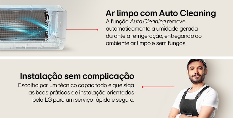 Acima, imagem de banner demonstrando a função Auto Cleaning do ar-condicionado LG Artcool. 