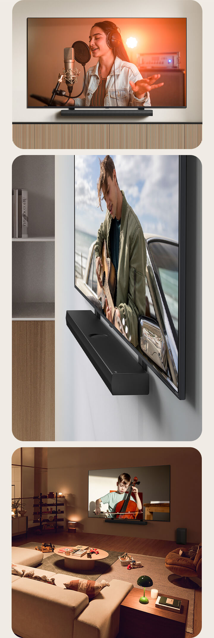 LG Soundbar e LG QNED TV encostados na parede com o QNED Matching Bracket em uma sala cinza e madeira em perspectiva angular, enquanto a LG QNED TV exibe um homem tocando violão.  LG Soundbar e LG QNED TV contra uma parede creme com o suporte de TV correspondente QNED. A TV está passando o vídeo de uma mulher cantando em um estúdio de gravação. Abaixo da TV, há um moderno suporte geométrico de madeira.  LG Soundbar e TV LG QNED na parede com o suporte de TV correspondente QNED em um espaço aconchegante e pouco iluminado com brinquedos infantis. A TV está passando um vídeo de um garotinho tocando violoncelo.