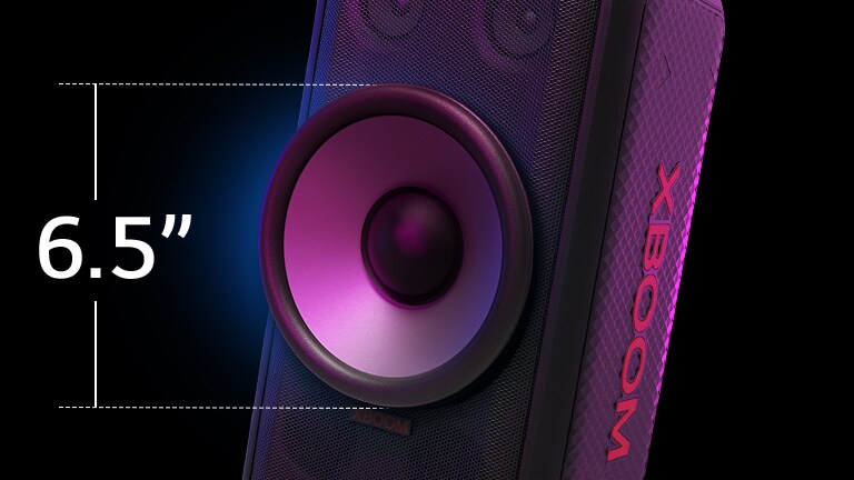 Vista aproximada do woofer gigante de 6,5 polegadas. À esquerda, está escrito 6,5". No topo da caixa de som, um equalizador de som é exibido.