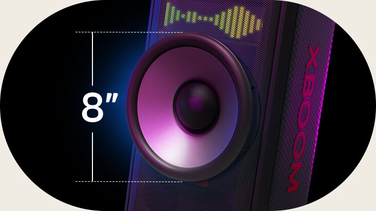 Close-up de um woofer gigante de 8 polegadas. À esquerda, está escrito 8", em cima do alto-falante, um equalizador de som é exibido.